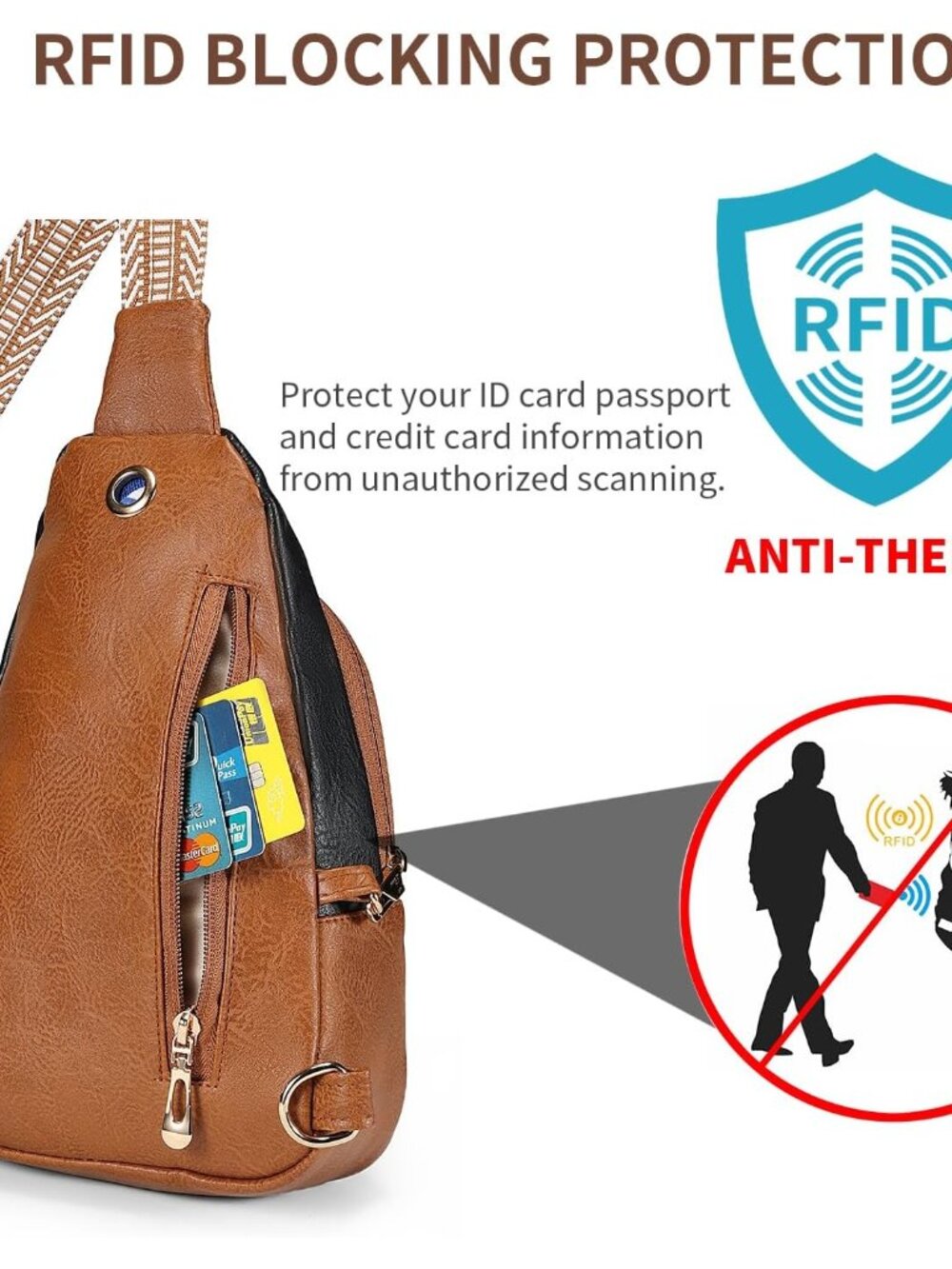 Women Black Brown Anti Theft Small Sling Zipper Lock Vegan Leather Crossbody Bag - Picture 3 of 6